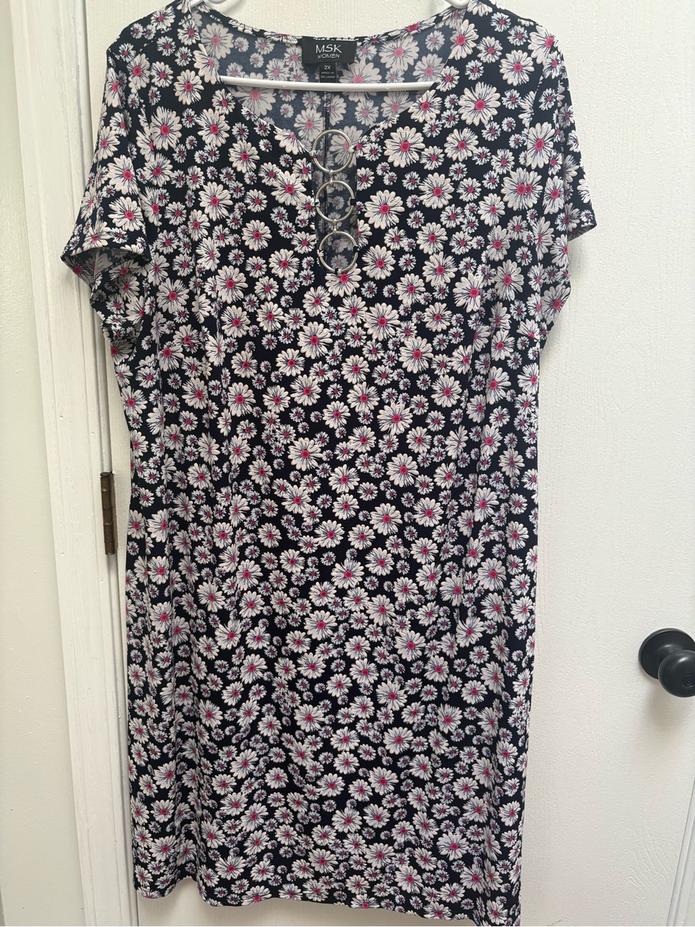 MSK Navy Floral Daisy Midi Dress with Pink Centers
